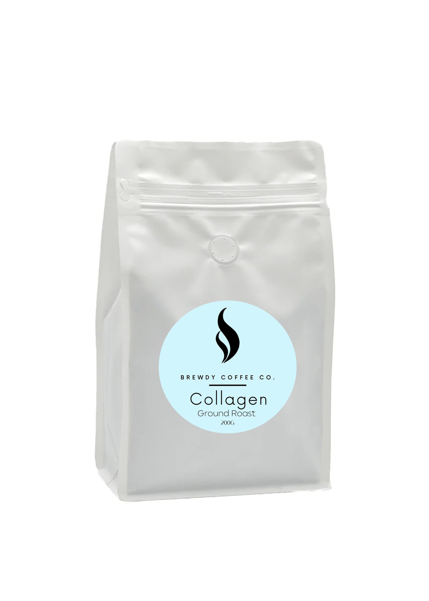 Collagen Ground Coffee 200g pouch back of pack with ingredients and directions, Brewdy Coffee Co