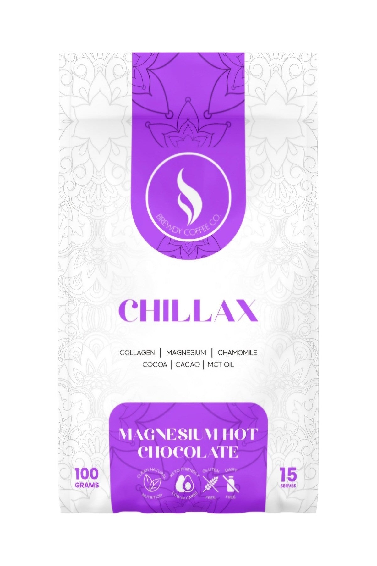 Chillax, magnesium hot chocolate pouch, Brewdy Coffee Co, front of pack on white background