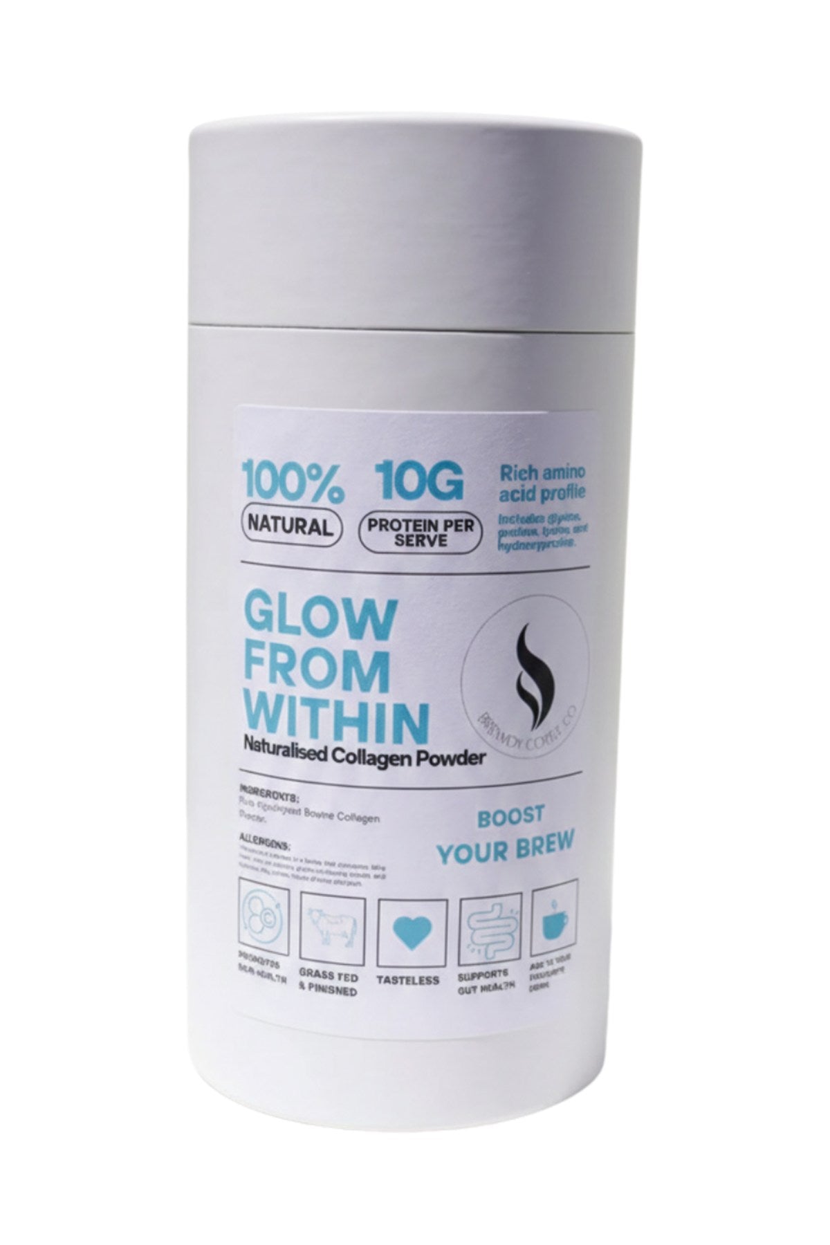 Pure Collagen Powder, pure collagen powder canister, Brewdy Coffee Co, front of pack on white background